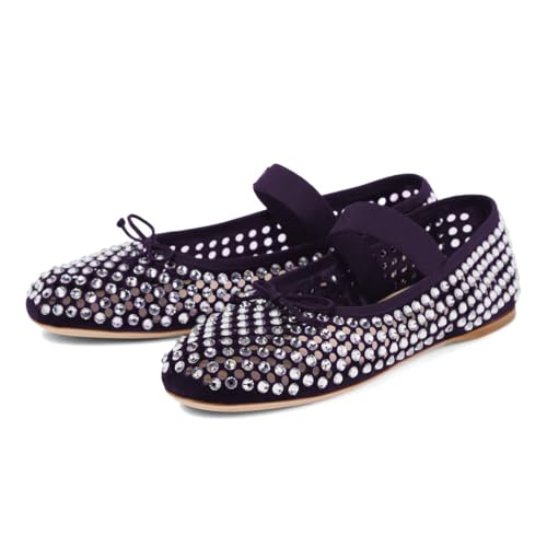 Pazzion Women's Crystals Studs Round Toe Mary Jane Flats Bows Slip On Single Strap Cutout Ballet Shoes Dancing Prom Daily Size 4-16 US