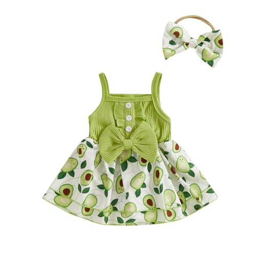 Kayotuas Newborn Baby Girl Summer Clothes Romper Dress Fruit Print Sleeveless Square Neck Bow Jumpsuit Bodysuit with Headband