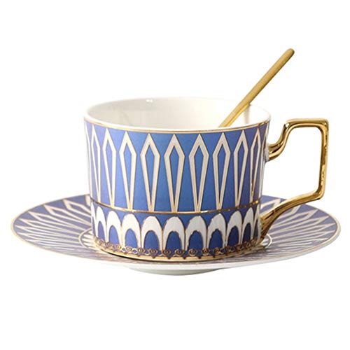 Tea Coffee Cups-6.8oz Bone China Ceramic Beautiful Blue Matte Glazed Tea Cup with Matching Saucers Father's Day Gift