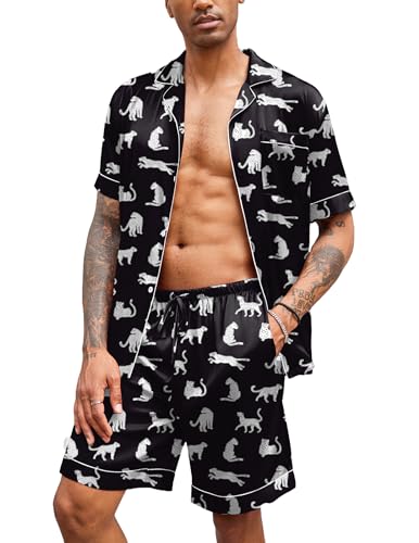Image of Ekouaer Mens Satin Pajamas Set Button-Down Short Sleeve Shirt Top Soft Silk Sleepwear Shorts with Pockets