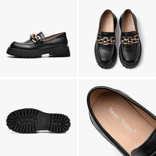 Image of BEAU TODAY Chunky Loafers Women,Leather Platform Loafers for Women,Lug Sole Slip On Chain Shoes,Comfortable Work Office Business Casual Office Dress Shoes
