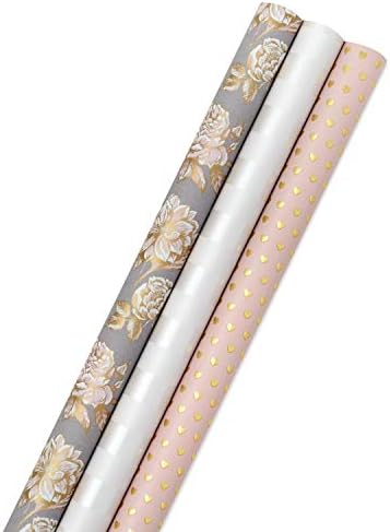 Hallmark Premium Wrapping Paper with Cut Lines on Reverse - Gold Hearts, Rose Flowers, White Stripes (3-Pack: 85 sq. ft. ttl) for Birthdays, Weddings, Mother's Day, Valentine's Day, Bridal Showers