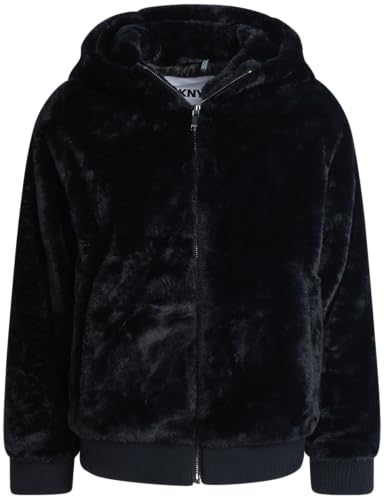 DKNY Girls' Winter Jacket - Full Zip Up Faux Fur Sherpa Girl's Bomber Jacket - Warm Hooded Teddy Coat for Girls (7-16), Size 7-8, Black