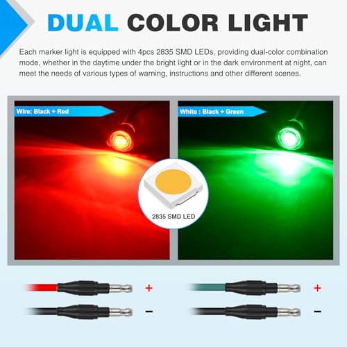 Image of Nilight 3 /4 Inch Dual Color Marker Light Red Brake Green Clearance Lights | 10PCS Auxiliary Side Lamp w /3 Pin Plug IP68 Waterproof Fits Trailers Trucks Campers RVs ATVs UTVs