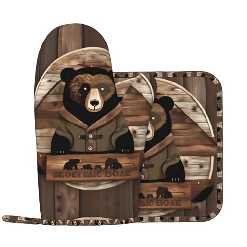 Juego de manoplas y soportes para ollas de estilo rústico Lodge Bear antideslizantes y resistentes a altas temperaturas, fáciles de limpiar y colgar.