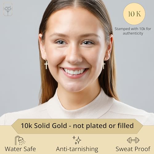 10k Yellow or White Gold Small Huggie Hoop Earrings for Women and Men with Dangle Cross and Hidden Notched Post by MAX + STONE2