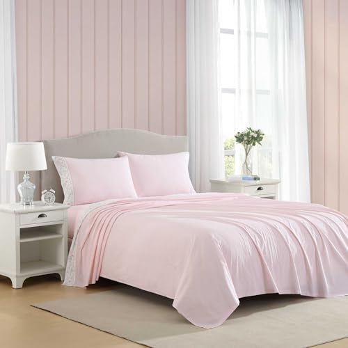 Image of Laura Ashley - Queen Size Sheet Set, Crisp & Lightweight Cotton Percale Bedding with Fitted Sheet and Pillowcases, Floral Room Decor, Deep Pocket, College Dorm Room Essentials (Victorian Scroll Pink)