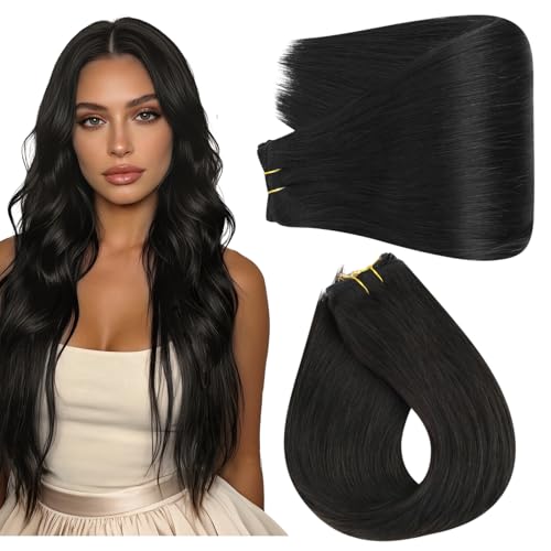 Image of Full Shine Sew In Hair Extensions Real Human Hair, Off Black 105G 16 Inch | Soft Real Hair Weft Extensions, Long Hair Length Enhancement, Natural Movement, Date Night, Event Styling