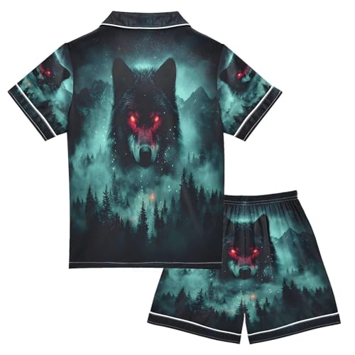 ALAZA Wolf Tree Animal Mountain Satin Pajamas Set Short Sleeve Button Down Sleepwear Summer Pjs 2 Piece2