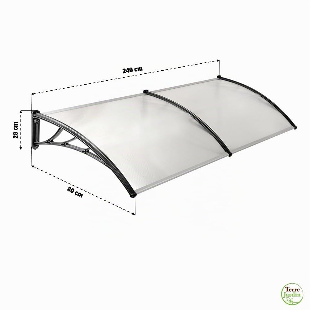 TERRE JARDIN Toldo para Puerta de Entrada Techo Ventana Marquesina 150 x 80 cm, Protección Lluvia Sol Nieve - Transparente