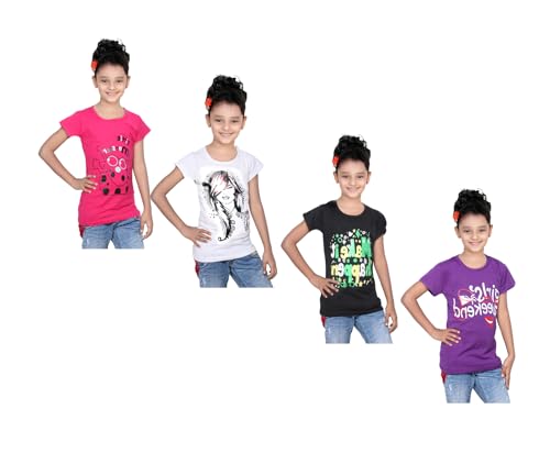 Image of indi weaves Girls Pure Cotton Chest Printed Half Sleeves Round Neck T-Shirts (Pack of 4)