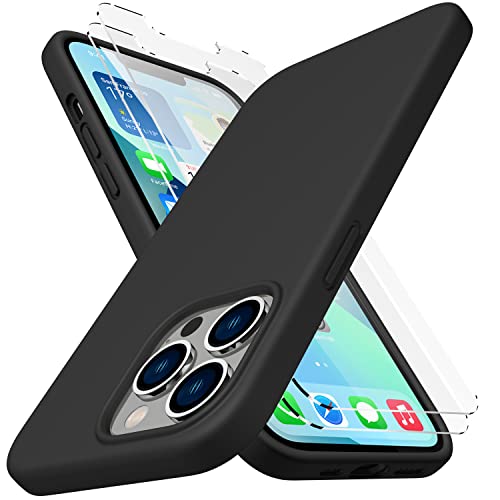 CellEver 2023 Upgraded Silicone Case for iPhone 13 Pro Max Ultra Slim [2 Tempered 9H Glass Screen Protectors Included] Shockproof Phone Cover with [Soft Microfiber Lining] - Black