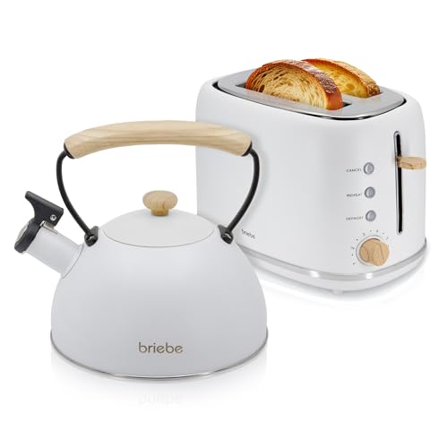 briebe Nordic Set Tostadora Pan Ranura Ancha 2 Rebanadas, 6 Niveles Tostado + Tetera Silbante 2,3 L Infusiones, Acero Inoxidable, Inducción, Libre BPA, Pack Desayuno Diseño Nórdico Blanco