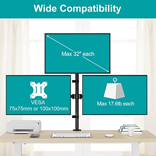 Image of MOUNT PRO Triple Monitor Mount, Monitor Desk Mount for 3 Screens up to 32 inch, 17.6 lbs Each, Fully Adjustable Stacked Computer Stand, Table VESA Mounting, C clamp /Grommet Base