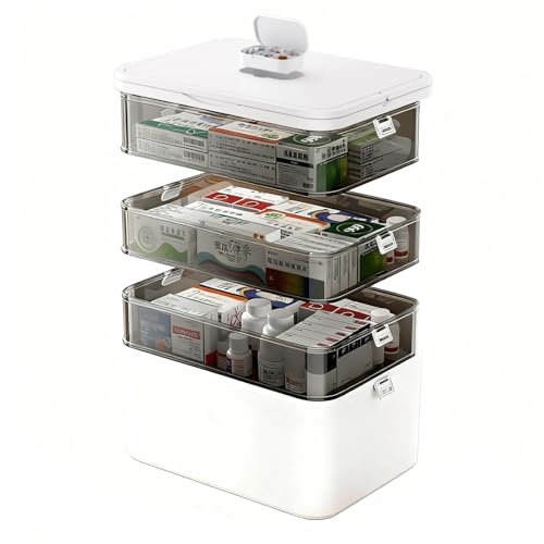 GiHaood Boîte à Pharmacie, 4 Étages Boîte à Médicaments avec Poignée, Portable et Amovible, Grande Boîte Rangement Medicament Vide pour La Maison,...