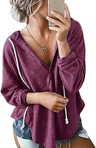 Image of Womens Long Sleeve V Neck Hoodie Sweatshirts Lightweight Pullover Tops