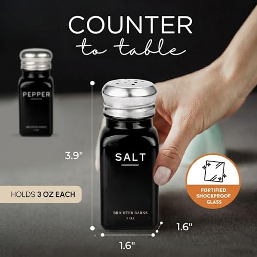 Image of Black Salt and Pepper Shakers Set by Brighter Barns - Modern Glass Salt Shaker with Stainless Steel Lids - Neutral Kitchen Decor and Accessories for Minimalist Home, Restaurant, Dining Room (Black)