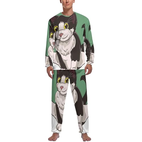 Vêtements de nuit homme : pijama manche longue pantalon imprimé chat drôle