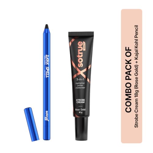 Image of Sotrue Dark Spell Kohl Kajal + Rose Gold Radiance Multipurpose Strobe Cream Combo | 24H Smudgeproof Kajal, Instant Glow | Waterproof Eye Makeup & Hydrating Primer, Highlighter Duo (18g, Rose Gold)
