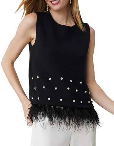 YEXPINE Women's Feather Trim Tank Top Rhinestone Sleeveless Vest Party Club Streewear Crop Tops