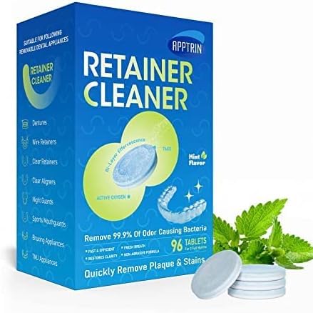 APPTRIN Retainer Cleaner Tablets, 96 pcs - 3 Months Supply - Denture Cleansing Tablets for Night Guards, Mouth Guards & False Teeth, Mint Flavor - Removes Odors, Stains & Plaque
