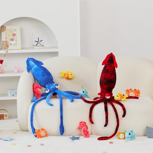 Image of Giant Squid Stuffed Animal with 4 Sea Animal Plush, Red, 41.3 inch