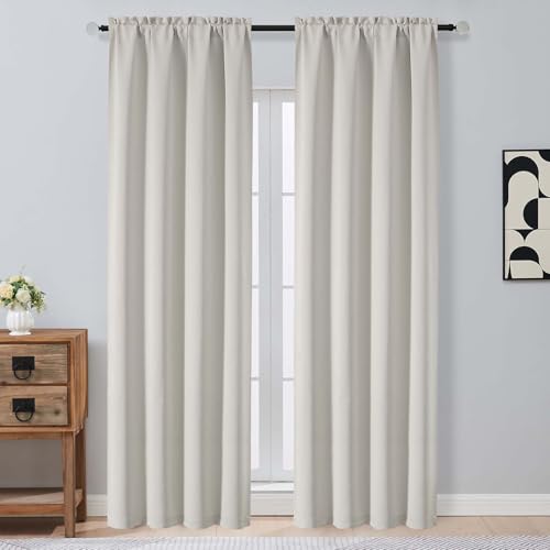 Image of Natural Room Darkening Curtains for Bedroom 90 Inches Long 2 Panels, Thermal Insulated Energy Saving Blackout Curtains for Living Room, Dual Rod Pocket Blackout Drapes, 2x40Wx90L Inches