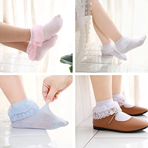 4/5/6 Pack Baby Toddler Girls Ruffle Socks White Princess Eyelet Frilly Lace Ankle Cotton Dress Socks For Little/Big Kids 3-5T #TOP4