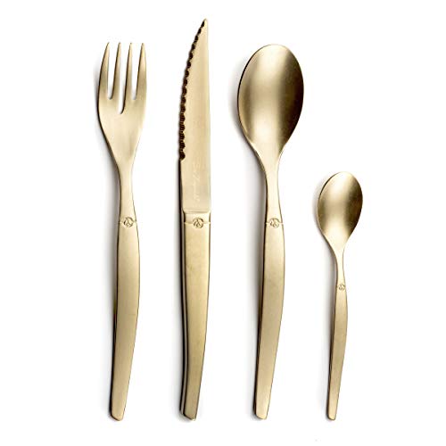 Lou Laguiole JET Steakbesteck Set JET – Besteck Set für 4 Personen | 16-teilig | Champagnerfarben | PVD Besteckset | Mikroverzahnte Klinge für...