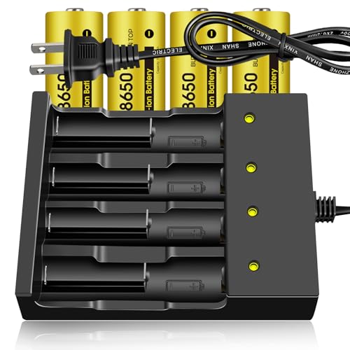 4 Pack 3.7 Volt Button Top Rechargeable Batteries and 18650 Battery Charger,Lithium Battery 4000mAh for Flashlights, Headlamps, Doorbells, RC Cars,Outdoor Garden Lights（Battery and Charger）