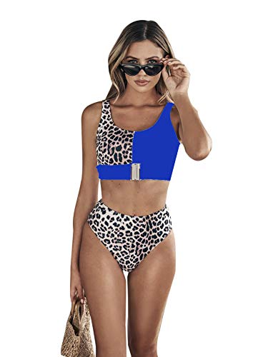 Floerns Women s High Waist Leopard Bikini Buckle Front Two Piece Cheetah Swimsuit Royal Blue M