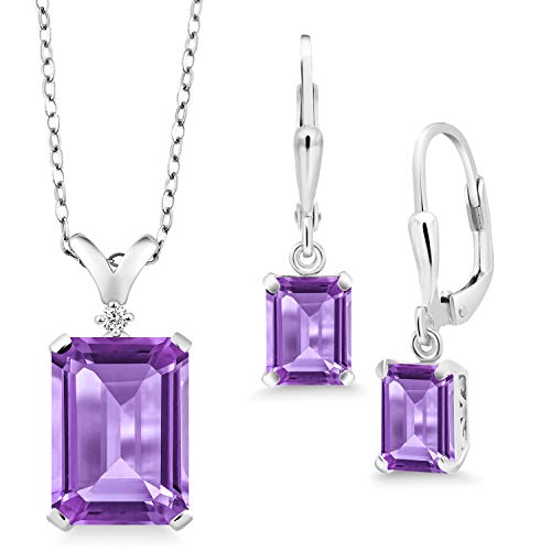 Gem Stone King 925 Sterling Silver Purple Amethyst Pendant Earrings Set For Women (9.27 Ct Emerald Cut with 18 Inch Chain)