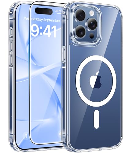 Image of FNTCASE for iPhone 15 Pro Max Case: [Compatible with Magsafe] [Screen Protector] Anti Yellowing Transparent Clear Magnetic Phone Cover - Military Grade Shockproof Drop Proof Protective Cases - Clear