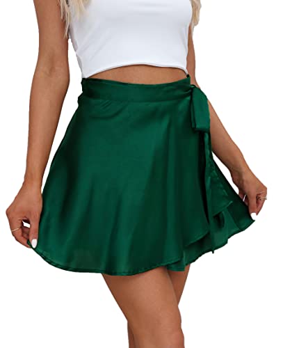 Mingnos Women's Summer Adjustable Wrap Lace-Up Belt High Waisted Satin Silky Mini Short Skirt (Green, L) #TOP1