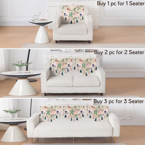Image of HOKIPO Premium Sofa Backrest Cover Mat | Printed Holland Velvet with Tassels | 'Whispers of Nature' Beige Woodland Bloom (IN-1116-D4)