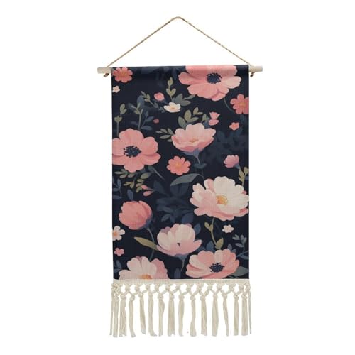 Jubonexis Arazzo da parete in lino, stampa floreale rosa su sfondo nero, poster da parete vintage con nappa e asta in legno