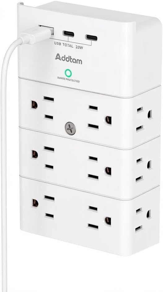 Addtam Multi Plug Wall Outlet, Surge Protector Wall Mount with 12 Outlet Extender 4 Sides and 3 USB Ports (1 USB-C), Outlet Splitter Power Strip for Home Office Dorm Room Essentials, White