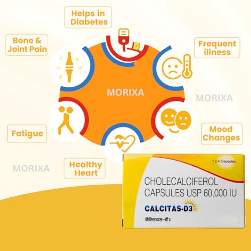 Image of MORIXA Calcitas D3 Capsule | Vitamin D3 60000 IU Cholecalciferol Supplement | Supports Bone, Teeth, Muscle & Immunity Health | 5 Strips x 4 Capsules (20 Capsules) | Supports Bone, Teeth, Muscle & Immunity Health, 20 Capsules, 5 Strips x 4 Capsules