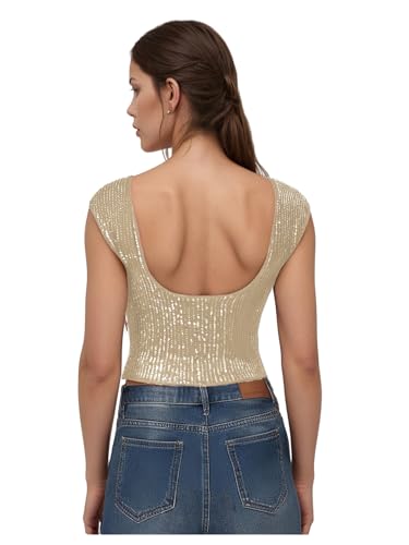 WDIRARA Women's Sequin Boat Neck Shirts Sparkle Glitter Backless Tee Cap Sleeve Crop Tops2