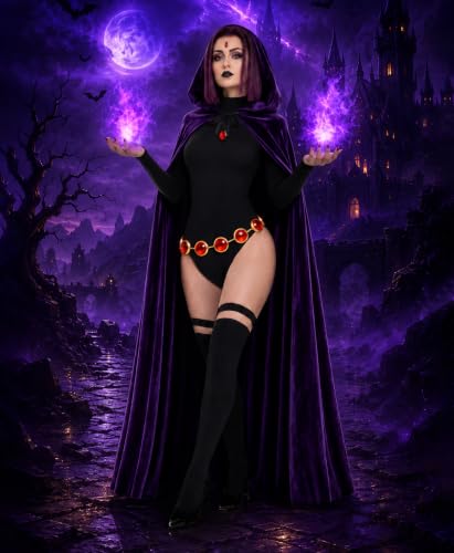 Image of Raven Costume for Women, 6PCS Halloween Costume Set for Women with Purple Hooded Cloak, Bodysuit & Red Gem Belt