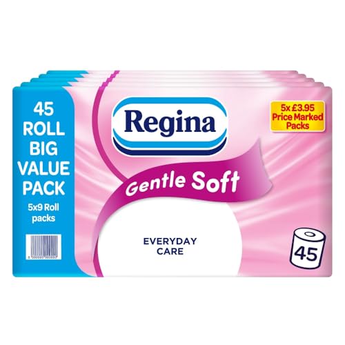 Regina Gentle Soft Toilet Tissue - 45 Rolls of 3 Ply Toilet Paper, 160 Sheets, Soft and Gentle, 30% PCR Plastic Packaging, FSC Certificated