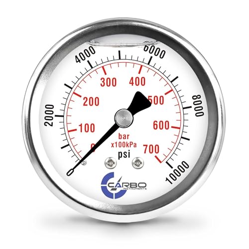 10000 PSI Liquid Filled Pressure Gauge with NIST Traceable Certificate, Calibrated in USA Lab, 2.5" Dial, 1/4 NPT Back Mount, ASME Grade A, 304 SS Case, Brass Wetted Parts, PSI/Bar