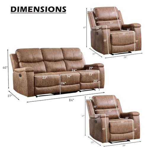 Image of CANMOV Faux Leather Manual Reclining Sofa Furniture Set, 2 Manual Recliner Chair and 3 Seat Recliner Sofa Couch Set for Living Room,Nut Brown