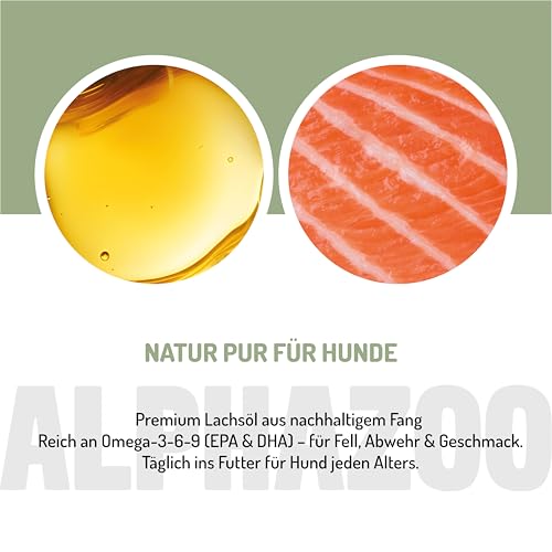 alphazoo Premium Lachsöl Hunde 100 ml, Omega 3 & 6 Fischöl für Hunde - abgefüllt in Deutschland, Barf Öl, Fellpflege Hund