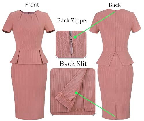 Image of VFSHOW Womens Pleated Crew Neck Peplum Work Business Office Church Bodycon Pencil Sheath Dress