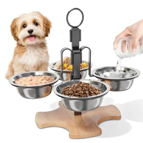 Ciotola per cani rialzata con supporto, ciotola per gatti rialzata, altezza regolabile con 4 ciotole in acciaio inox Ø 14 cm, fondo antiscivolo, ciotole rialzate per gatti e cani di piccola taglia