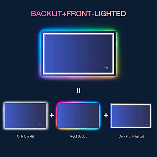 48x32 inch LED Lighted Bathroom Mirror,RGB Color Changing LED Mirror for Bathroom,Dimmable Anti-Fog Backlit Vanity Mirror (RGB Multicolor Backlit + Adjustable Front-Lighted)