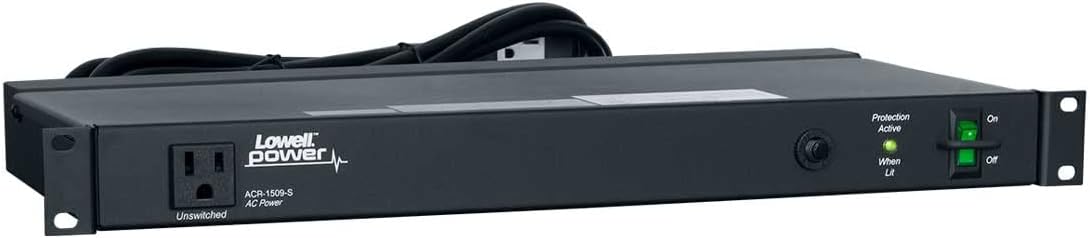 Lowell ACR-1509-S PDU with 9 (15A) Outlets, Surge Suppression; 120VAC, 60Hz, 15A; Termination: 9 Ft. Attached Cord with NEMA 5-15P Plug; Basic Surge Protection; Rocker Switch with Guard