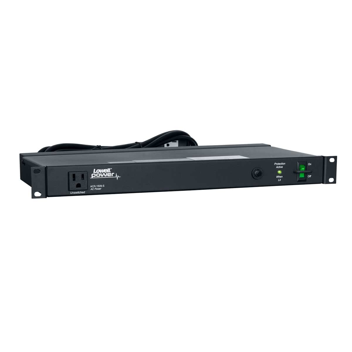 Lowell ACR-1509-S PDU with 9 (15A) Outlets, Surge Suppression; 120VAC, 60Hz, 15A; Termination: 9 Ft. Attached Cord with NEMA 5-15P Plug; Basic Surge Protection; Rocker Switch with Guard
