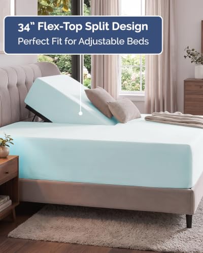 Image of Extra Deep Flex Top Split Head King Fitted Sheet - Hotel Luxury Single Fitted Sheet Only - Easily Fits 18 inch to 24 inch Mattress - Ultra Soft, Wrinkle Free w /Extra Deep Pockets - Ice Blue